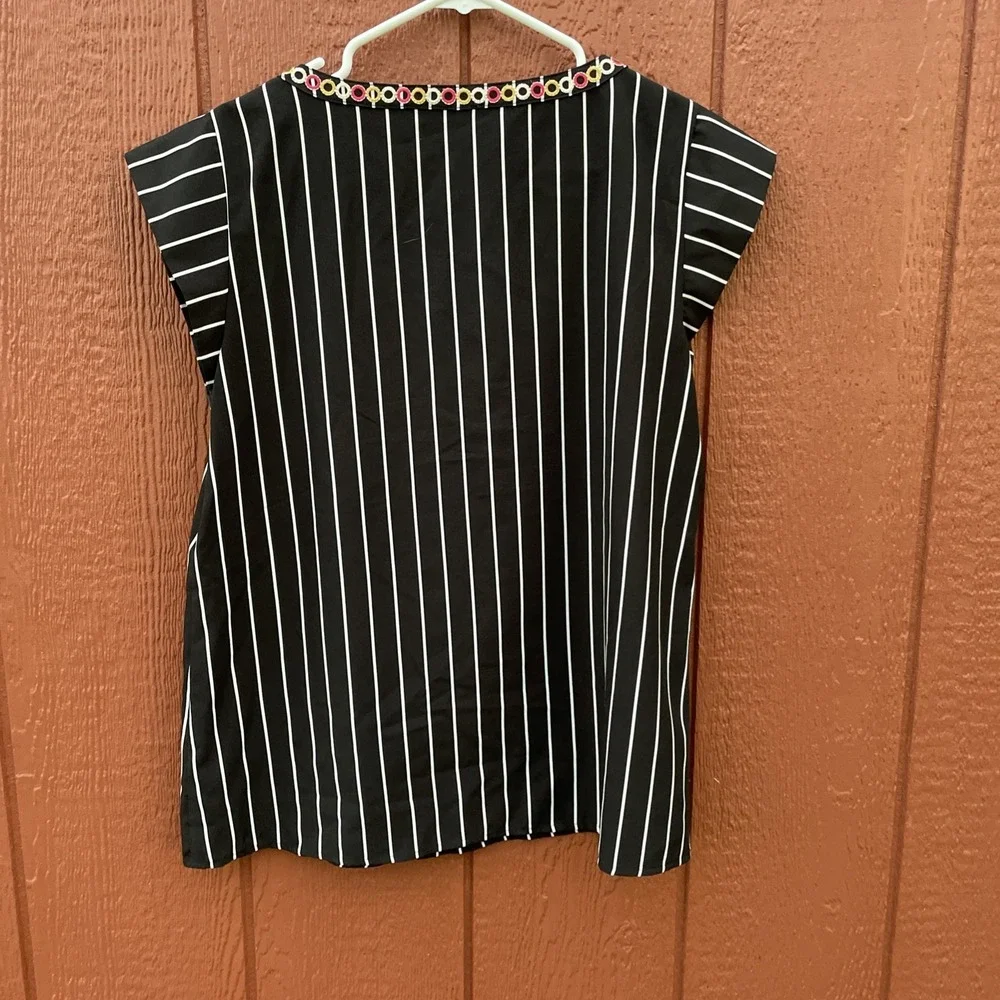 THML top Medium Black White Striped With Green Tan Pink And Yellow Embroidery - Picture 10 of 16